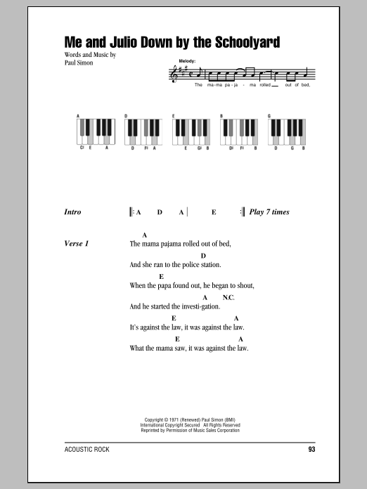 Simon & Garfunkel Me And Julio Down By The Schoolyard sheet music notes and chords arranged for Piano Chords/Lyrics