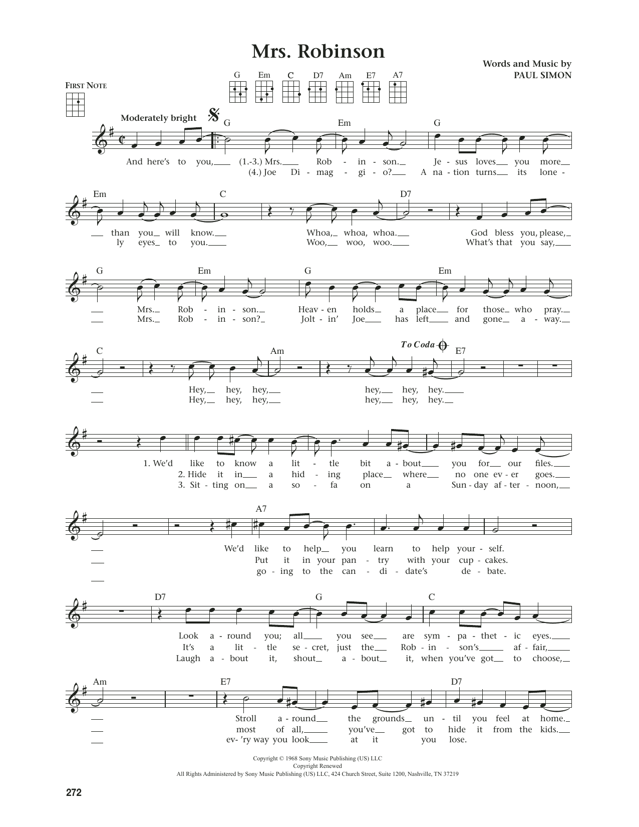 Simon & Garfunkel Mrs. Robinson (from The Daily Ukulele) (arr. Jim Beloff) sheet music notes and chords arranged for Ukulele