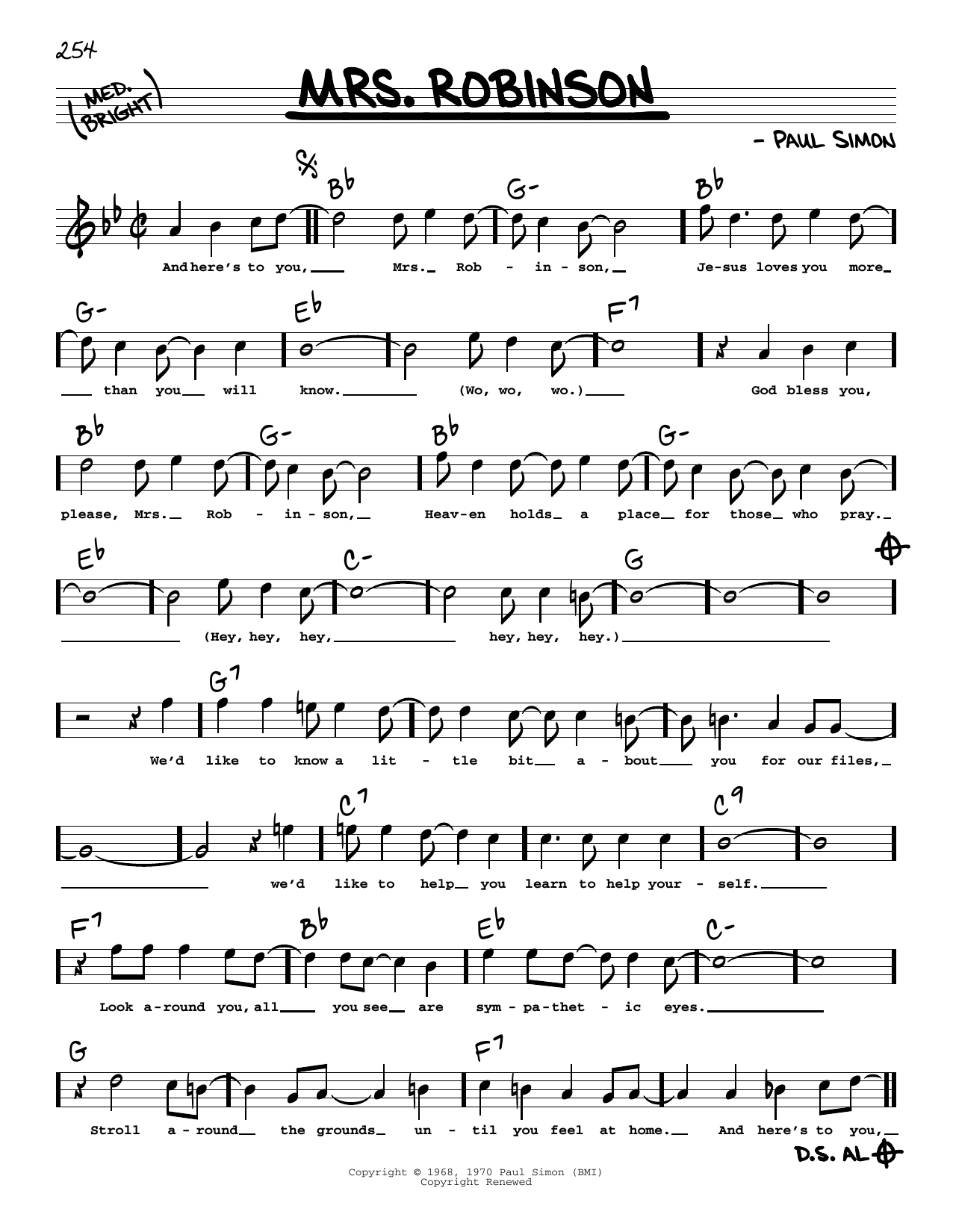 Simon & Garfunkel Mrs. Robinson (High Voice) (from The Graduate) sheet music notes and chords arranged for Real Book – Melody, Lyrics & Chords