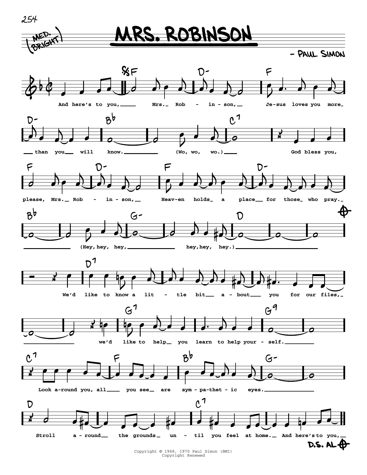 Simon & Garfunkel Mrs. Robinson (Low Voice) sheet music notes and chords arranged for Real Book – Melody, Lyrics & Chords