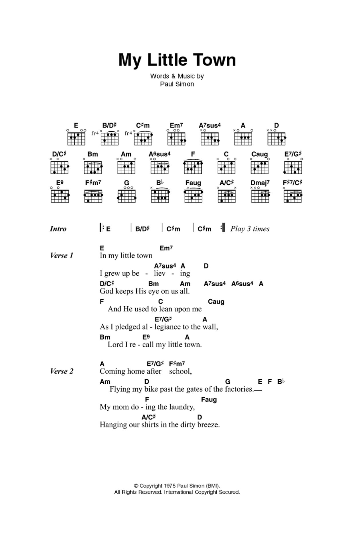 Simon & Garfunkel My Little Town sheet music notes and chords arranged for Guitar Chords/Lyrics