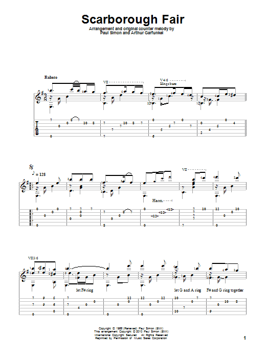 Simon & Garfunkel Scarborough Fair sheet music notes and chords arranged for Solo Guitar