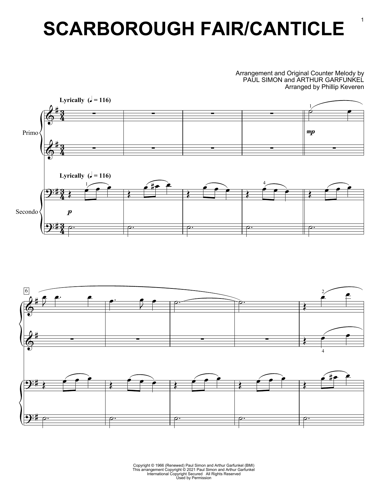 Simon & Garfunkel Scarborough Fair/Canticle (arr. Phillip Keveren) sheet music notes and chords arranged for Piano Duet