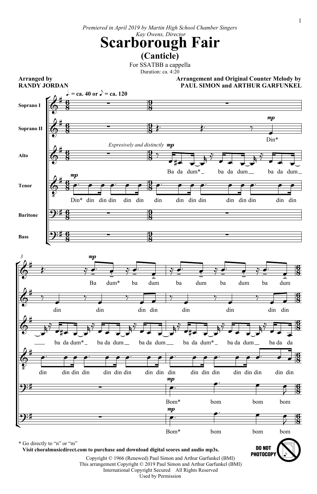 Simon & Garfunkel Scarborough Fair/Canticle (arr. Randy Jordan) sheet music notes and chords arranged for SSATBB Choir