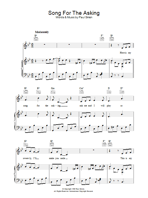 Simon & Garfunkel Song For The Asking sheet music notes and chords arranged for Piano, Vocal & Guitar Chords