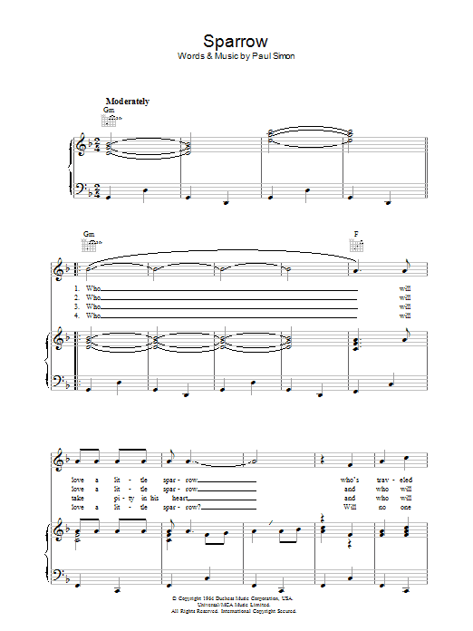 Simon & Garfunkel Sparrow sheet music notes and chords arranged for Piano, Vocal & Guitar Chords