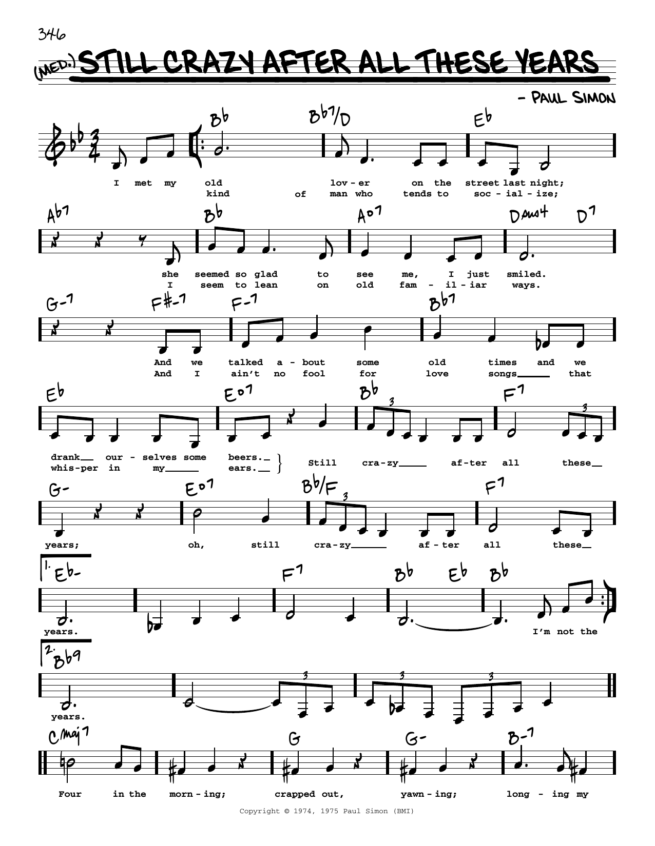Simon & Garfunkel Still Crazy After All These Years (Low Voice) sheet music notes and chords arranged for Real Book – Melody, Lyrics & Chords