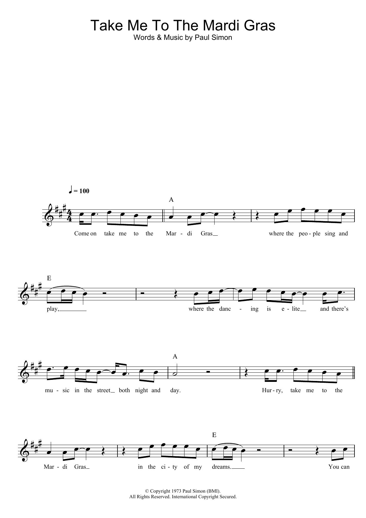 Simon & Garfunkel Take Me To The Mardi Gras sheet music notes and chords arranged for Lead Sheet / Fake Book