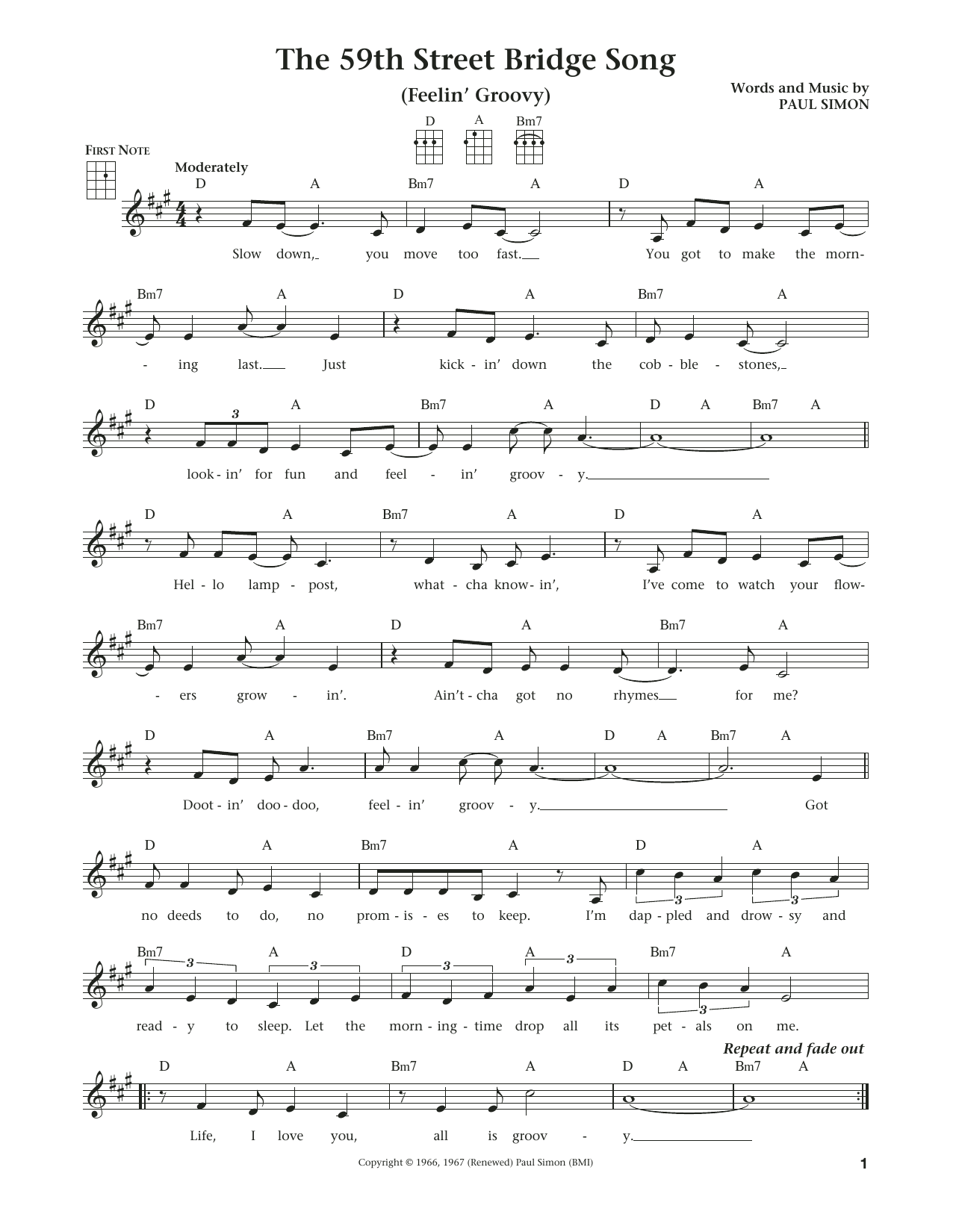 Simon & Garfunkel The 59th Street Bridge Song (Feelin' Groovy) (from The Daily Ukulele) (arr. Liz and Jim Beloff) sheet music notes and chords arranged for Ukulele