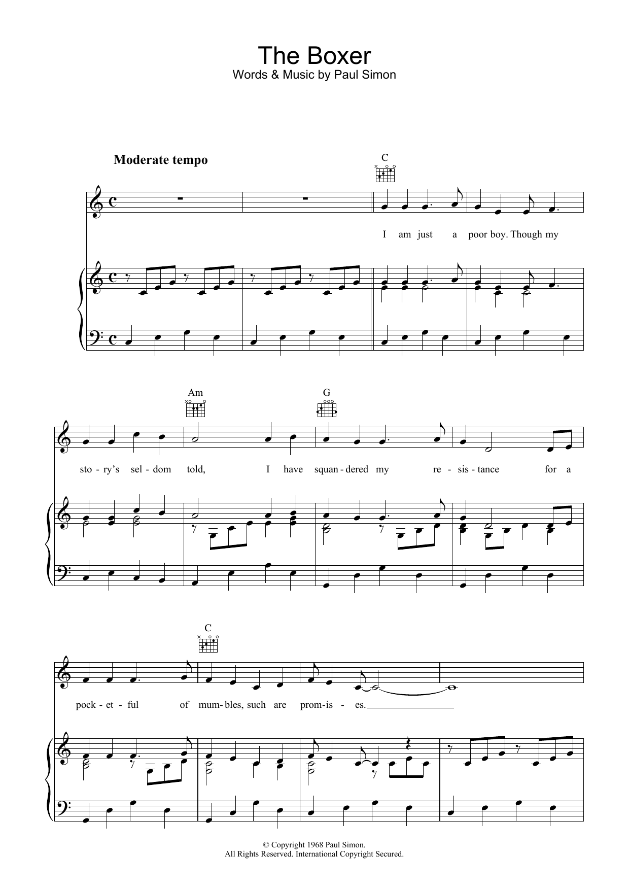 Simon & Garfunkel The Boxer sheet music notes and chords arranged for Piano Chords/Lyrics