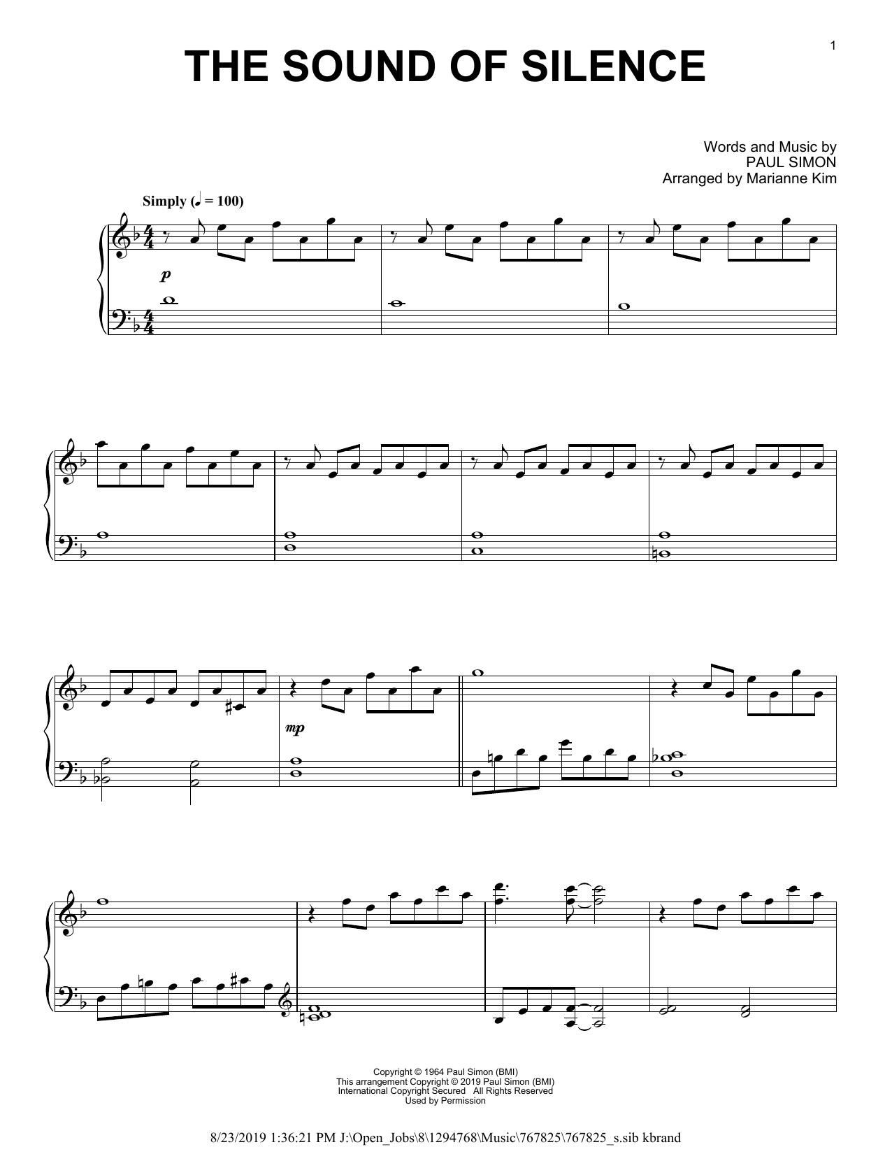 Simon & Garfunkel The Sound Of Silence (arr. Marianne Kim) sheet music notes and chords arranged for Piano Solo