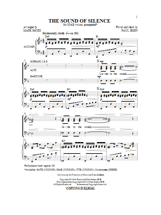 Simon & Garfunkel The Sound Of Silence (arr. Mark Hayes) sheet music notes and chords arranged for SSAB Choir