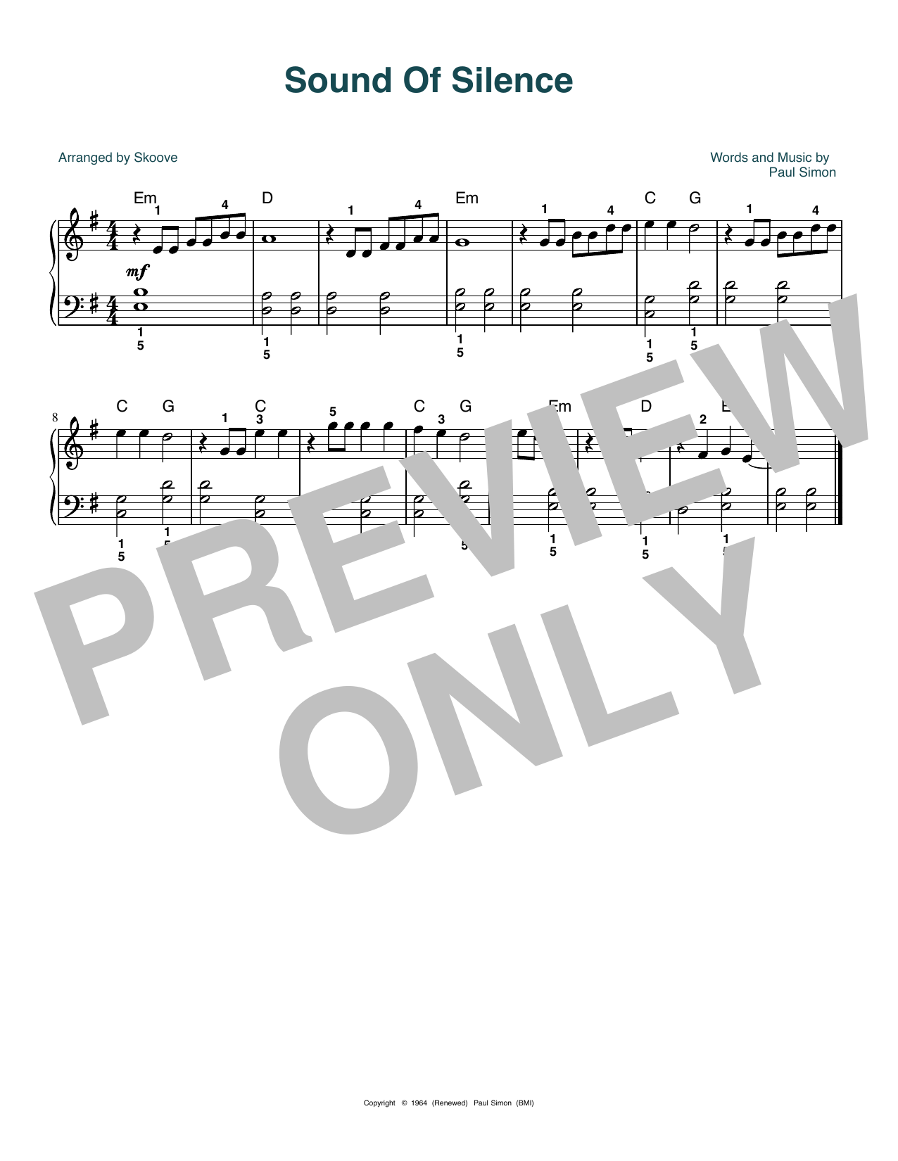 Simon & Garfunkel The Sound Of Silence (arr. Skoove) sheet music notes and chords arranged for Easy Piano