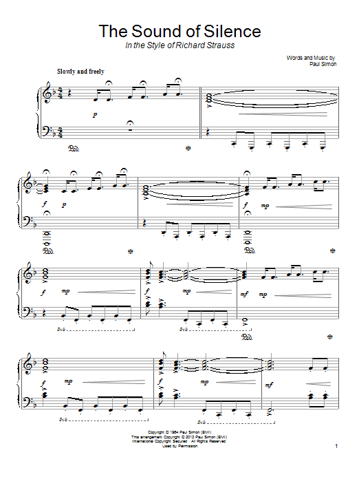 Simon & Garfunkel The Sound Of Silence (in the style of Richard Strauss) sheet music notes and chords arranged for Piano Solo