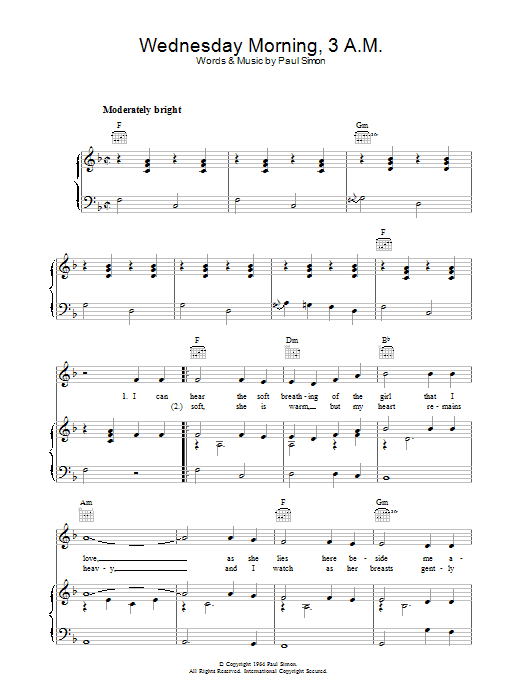 Simon & Garfunkel Wednesday Morning, 3 A.M. sheet music notes and chords arranged for Piano, Vocal & Guitar Chords