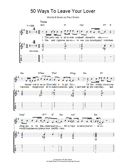 Simon & Garfunkel 50 Ways To Leave Your Lover sheet music notes and chords arranged for Guitar Tab