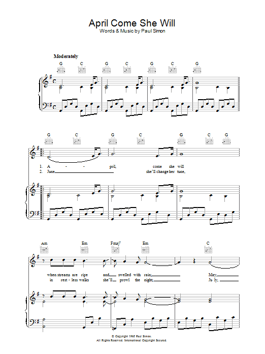 Simon & Garfunkel April Come She Will sheet music notes and chords arranged for Piano, Vocal & Guitar Chords (Right-Hand Melody)