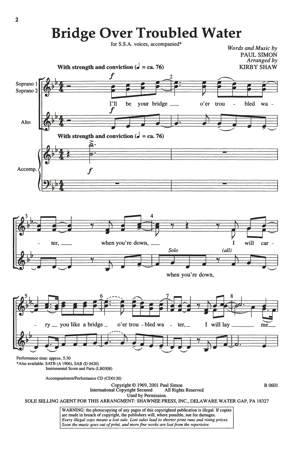 Simon & Garfunkel Bridge Over Troubled Water (arr. Kirby Shaw) sheet music notes and chords arranged for SATB Choir