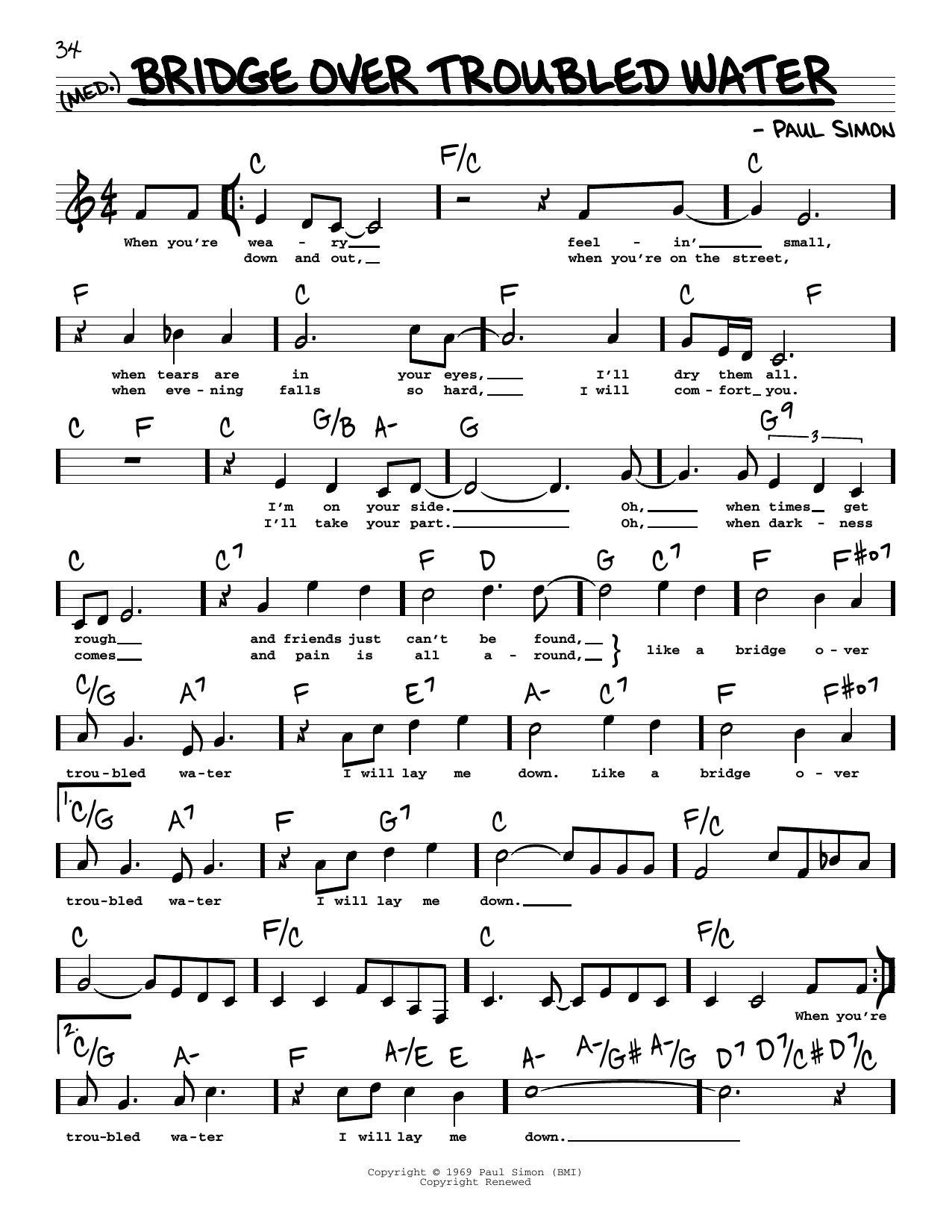 Simon & Garfunkel Bridge Over Troubled Water (High Voice) sheet music notes and chords arranged for Real Book – Melody, Lyrics & Chords