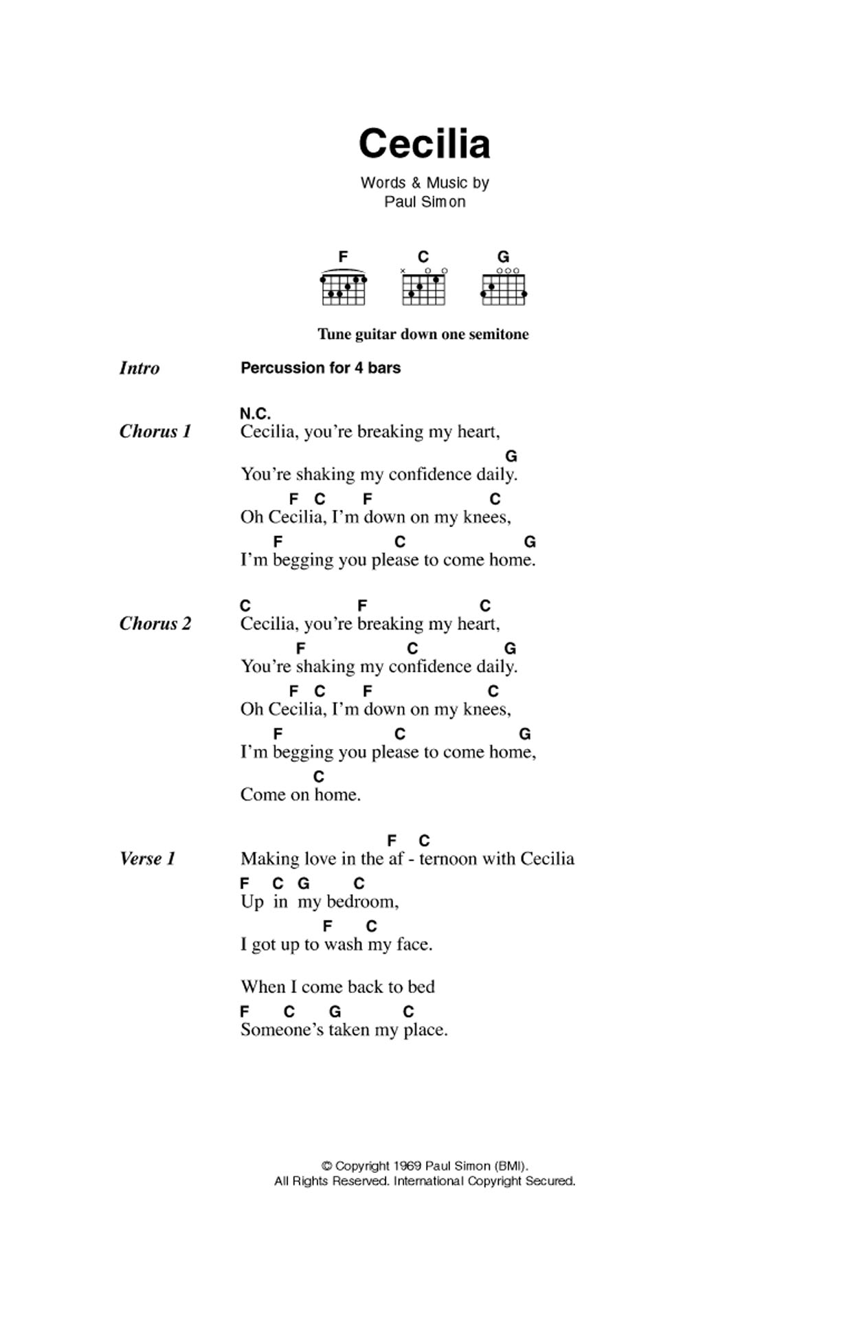 Simon & Garfunkel Cecilia sheet music notes and chords arranged for Guitar Chords/Lyrics