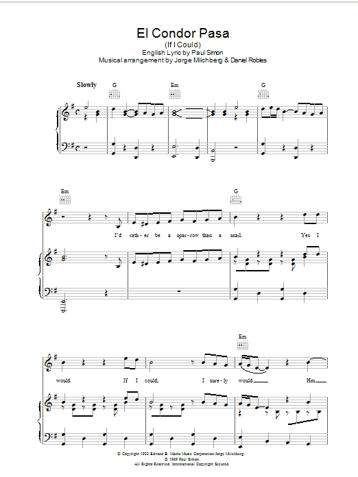 Simon & Garfunkel El Condor Pasa (If I Could) sheet music notes and chords arranged for Piano, Vocal & Guitar Chords (Right-Hand Melody)