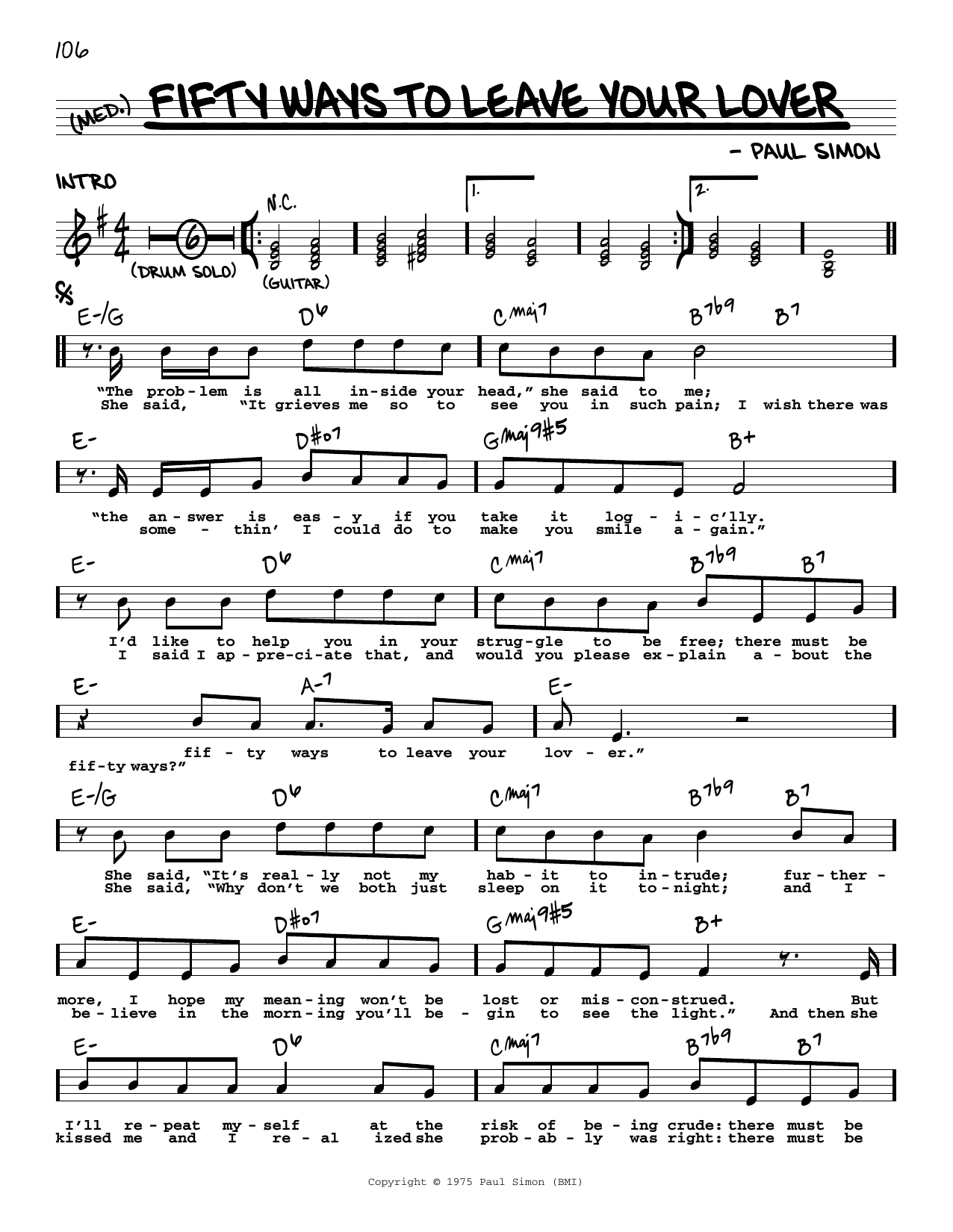 Simon & Garfunkel Fifty Ways To Leave Your Lover sheet music notes and chords arranged for Real Book – Melody, Lyrics & Chords