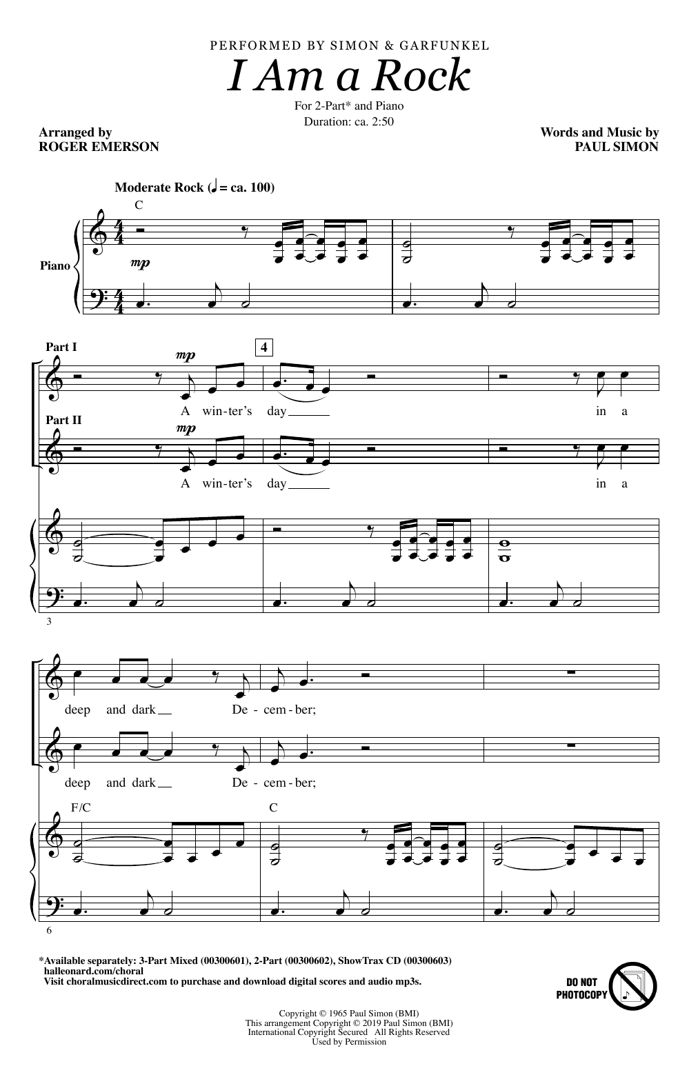 Simon & Garfunkel I Am A Rock (arr. Roger Emerson) sheet music notes and chords arranged for 2-Part Choir