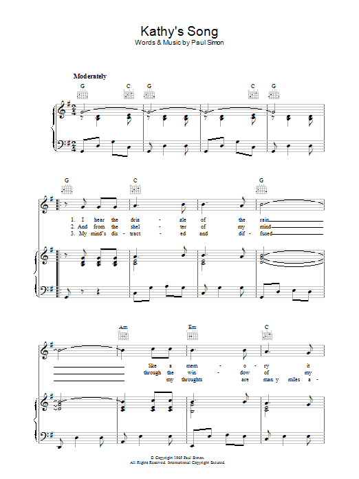 Simon & Garfunkel Kathy's Song sheet music notes and chords arranged for Lead Sheet / Fake Book
