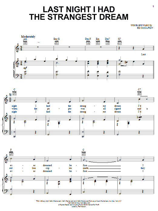 Simon & Garfunkel Last Night I Had The Strangest Dream sheet music notes and chords arranged for Piano, Vocal & Guitar Chords (Right-Hand Melody)