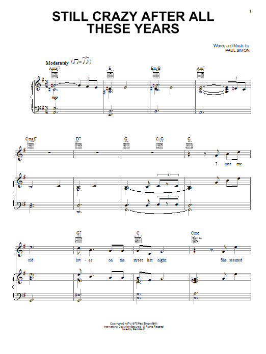 Simon & Garfunkel Still Crazy After All These Years sheet music notes and chords arranged for Piano, Vocal & Guitar Chords (Right-Hand Melody)