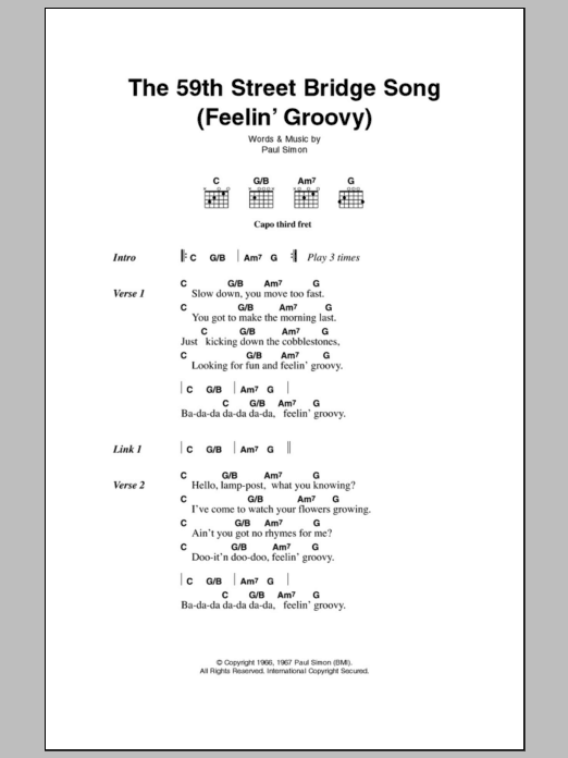 Simon & Garfunkel The 59th Street Bridge Song (Feelin' Groovy) sheet music notes and chords arranged for Piano Solo