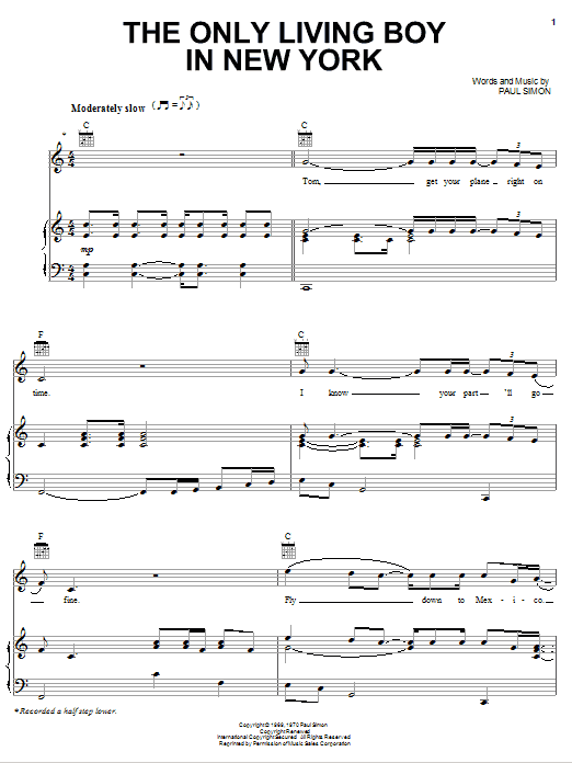 Simon & Garfunkel The Only Living Boy In New York sheet music notes and chords arranged for Piano, Vocal & Guitar Chords (Right-Hand Melody)