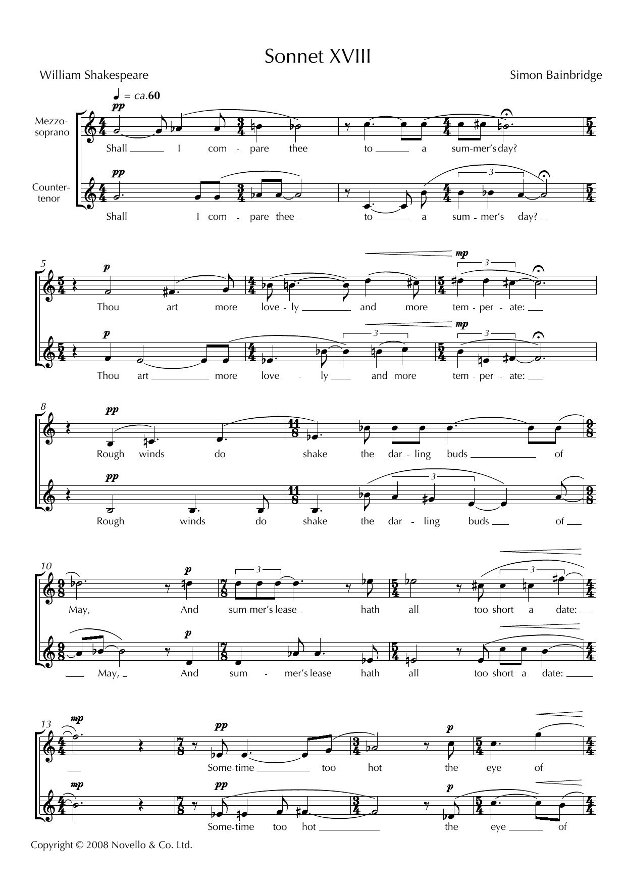 Simon Bainbridge Sonnet XVIII (for mezzo-soprano & counter-tenor) sheet music notes and chords arranged for Piano & Vocal