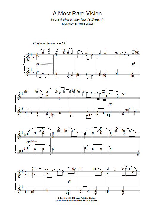 Simon Boswell A Most Rare Vision (from A Midsummer's Night's Dream) sheet music notes and chords arranged for Piano Solo