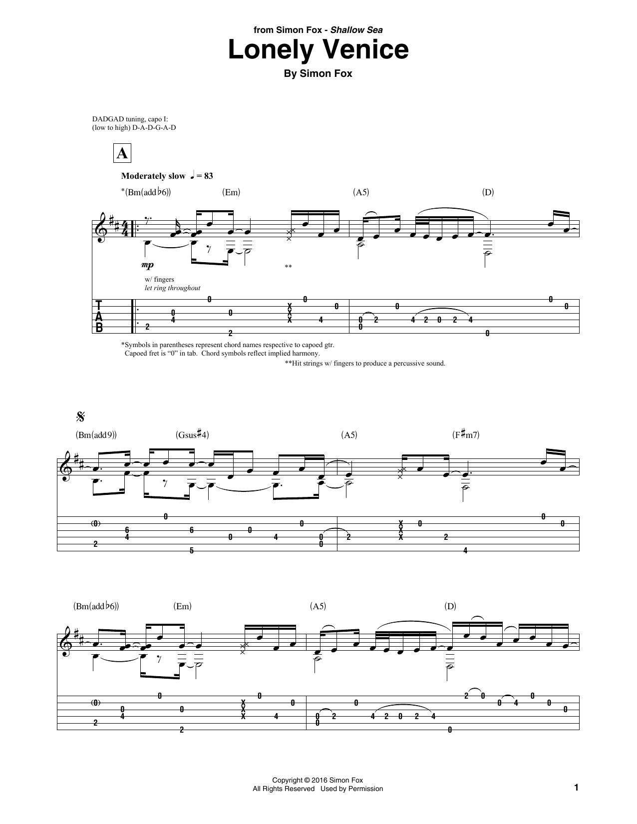 Simon Fox Lonely Venice sheet music notes and chords arranged for Solo Guitar