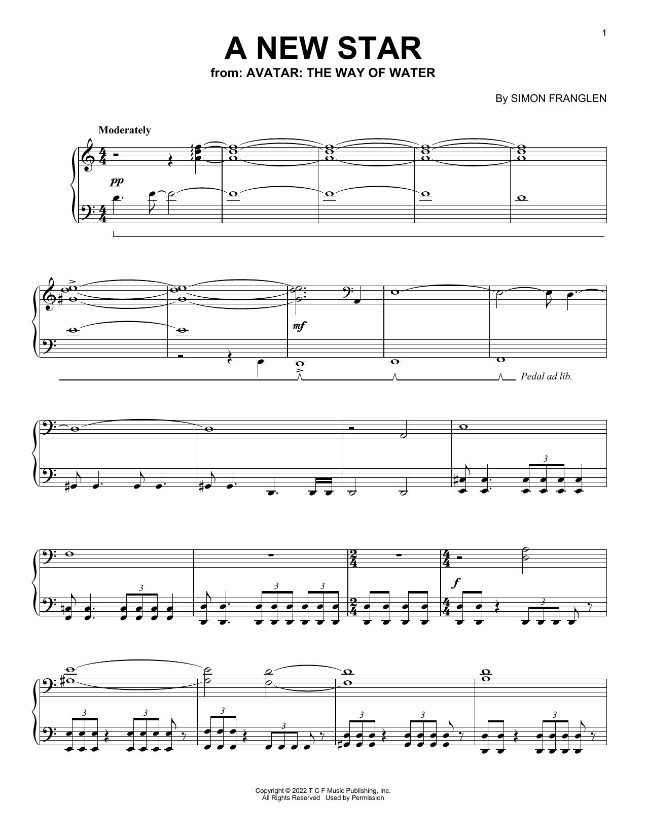 Simon Franglen A New Star (from Avatar: The Way Of Water) sheet music notes and chords arranged for Piano Solo