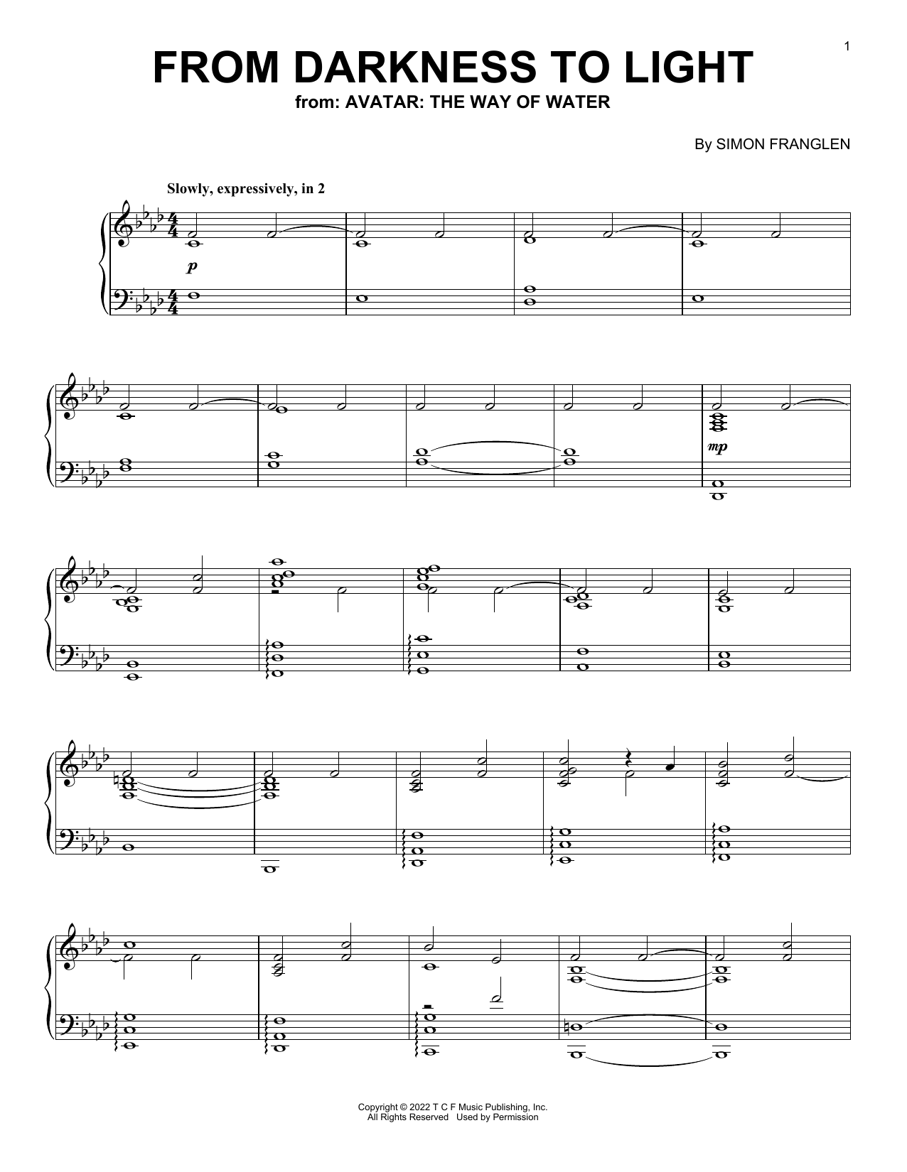 Simon Franglen From Darkness To Light (from Avatar: The Way Of Water) sheet music notes and chords arranged for Piano Solo