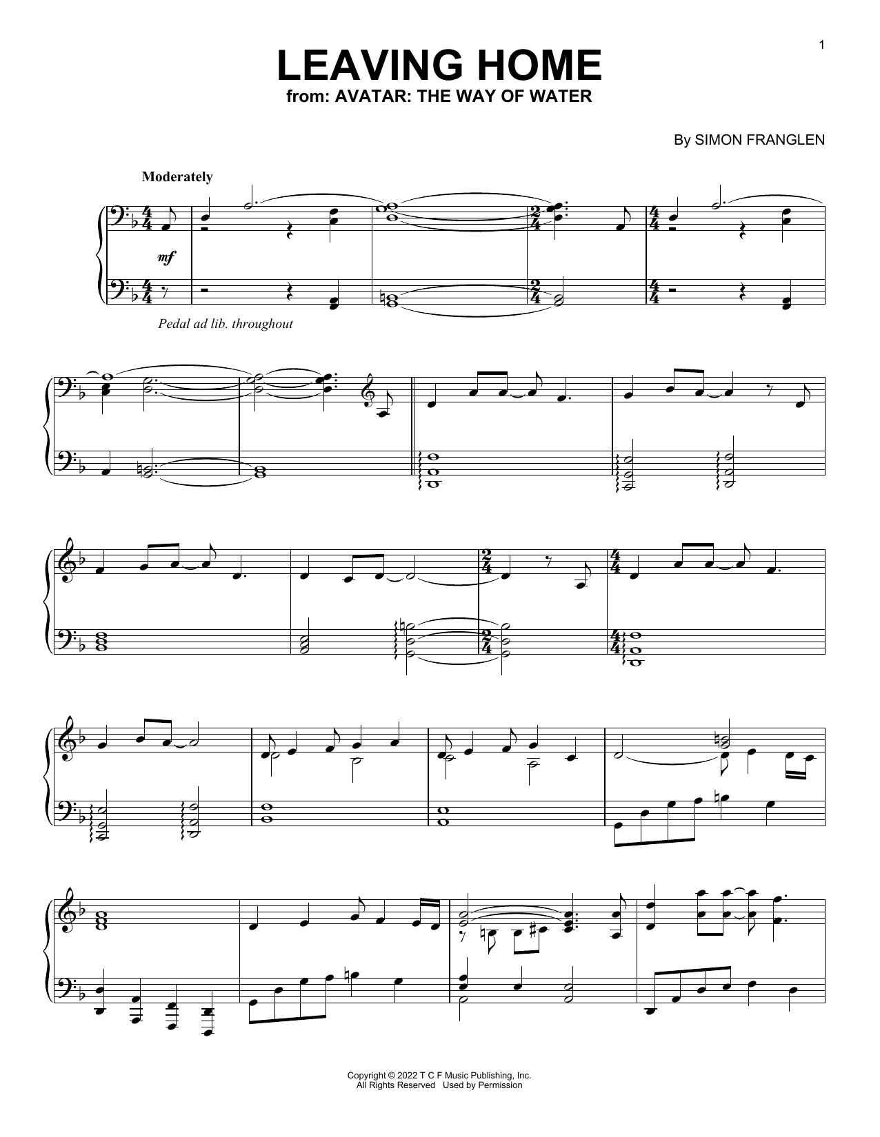 Simon Franglen Leaving Home (from Avatar: The Way Of Water) sheet music notes and chords arranged for Piano Solo