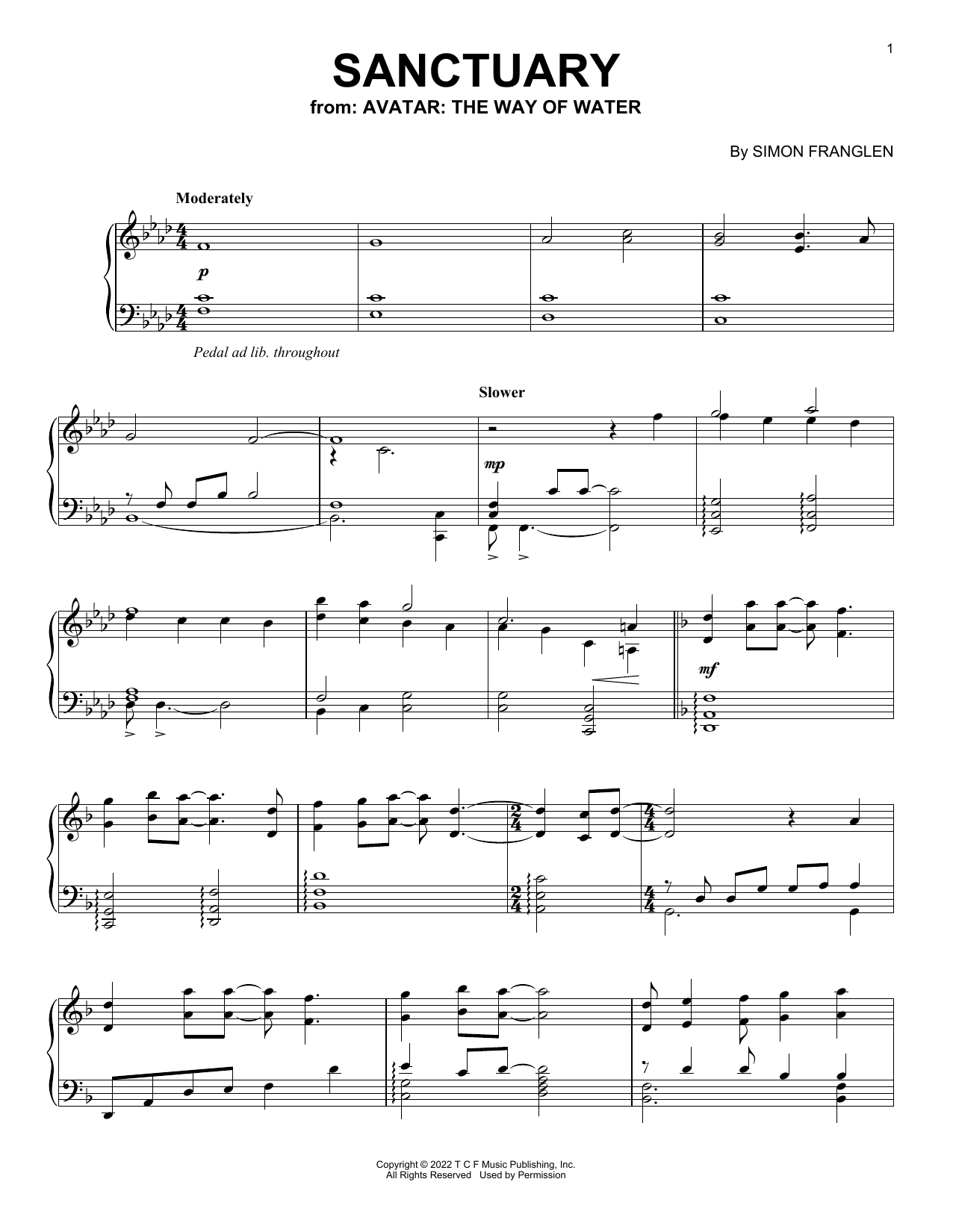 Simon Franglen Sanctuary (from Avatar: The Way Of Water) sheet music notes and chords arranged for Piano Solo
