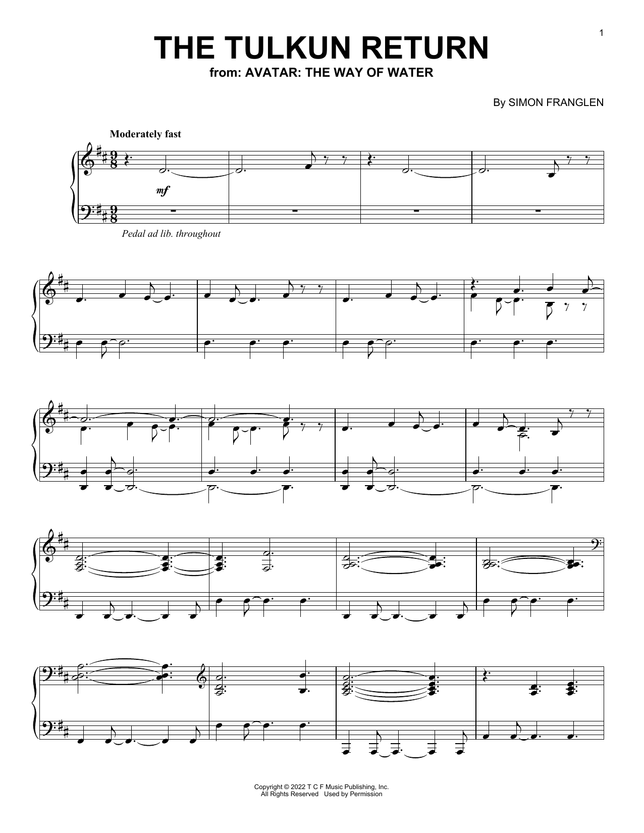 Simon Franglen The Tulkin Return (from Avatar: The Way Of Water) sheet music notes and chords arranged for Piano Solo