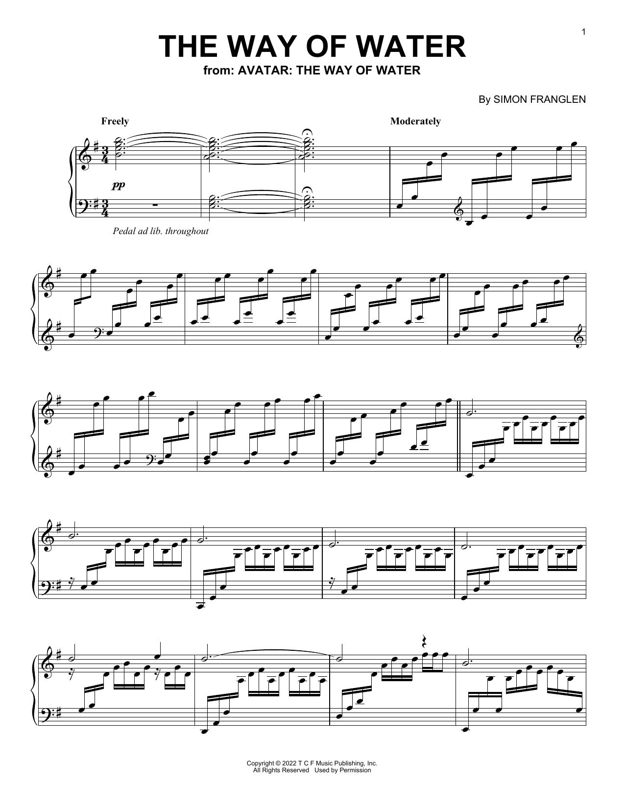 Simon Franglen The Way Of Water (from Avatar: The Way Of Water) sheet music notes and chords arranged for Piano Solo