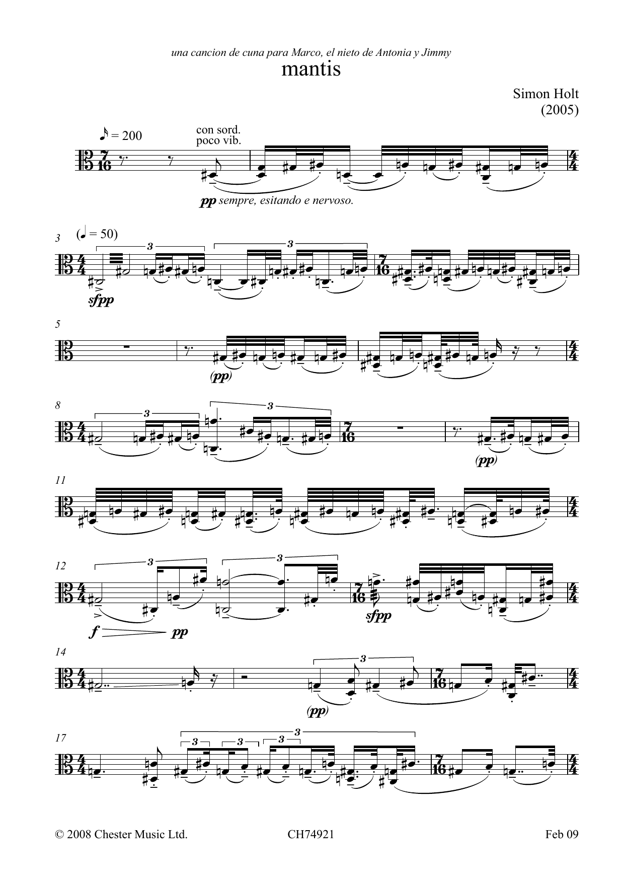 Simon Holt Mantis (for solo viola) sheet music notes and chords arranged for Viola Solo