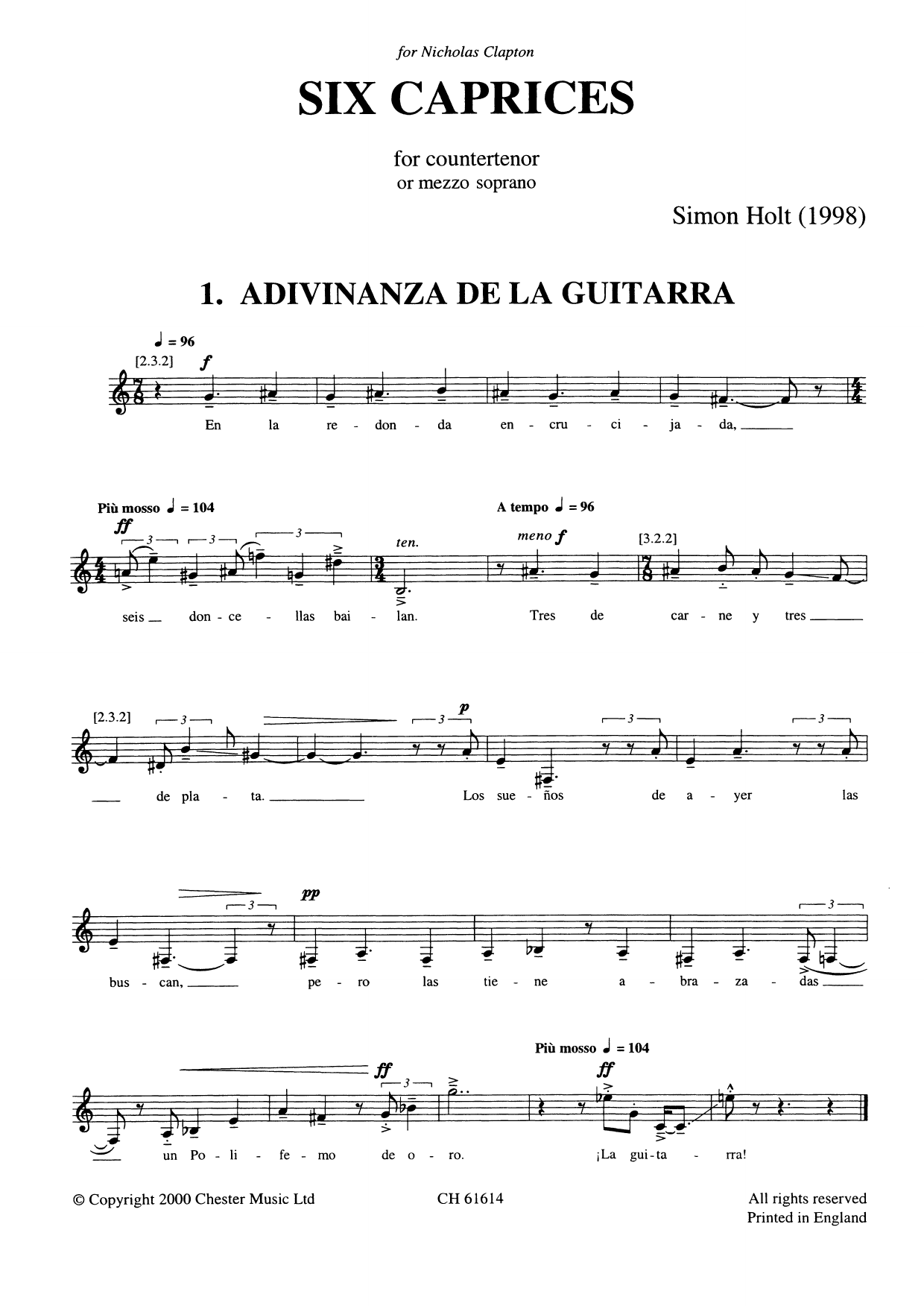 Simon Holt Six Caprices sheet music notes and chords arranged for Vocal Solo