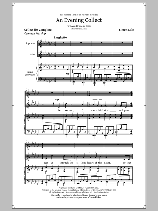 Simon Lole An Evening Collect sheet music notes and chords arranged for 2-Part Choir