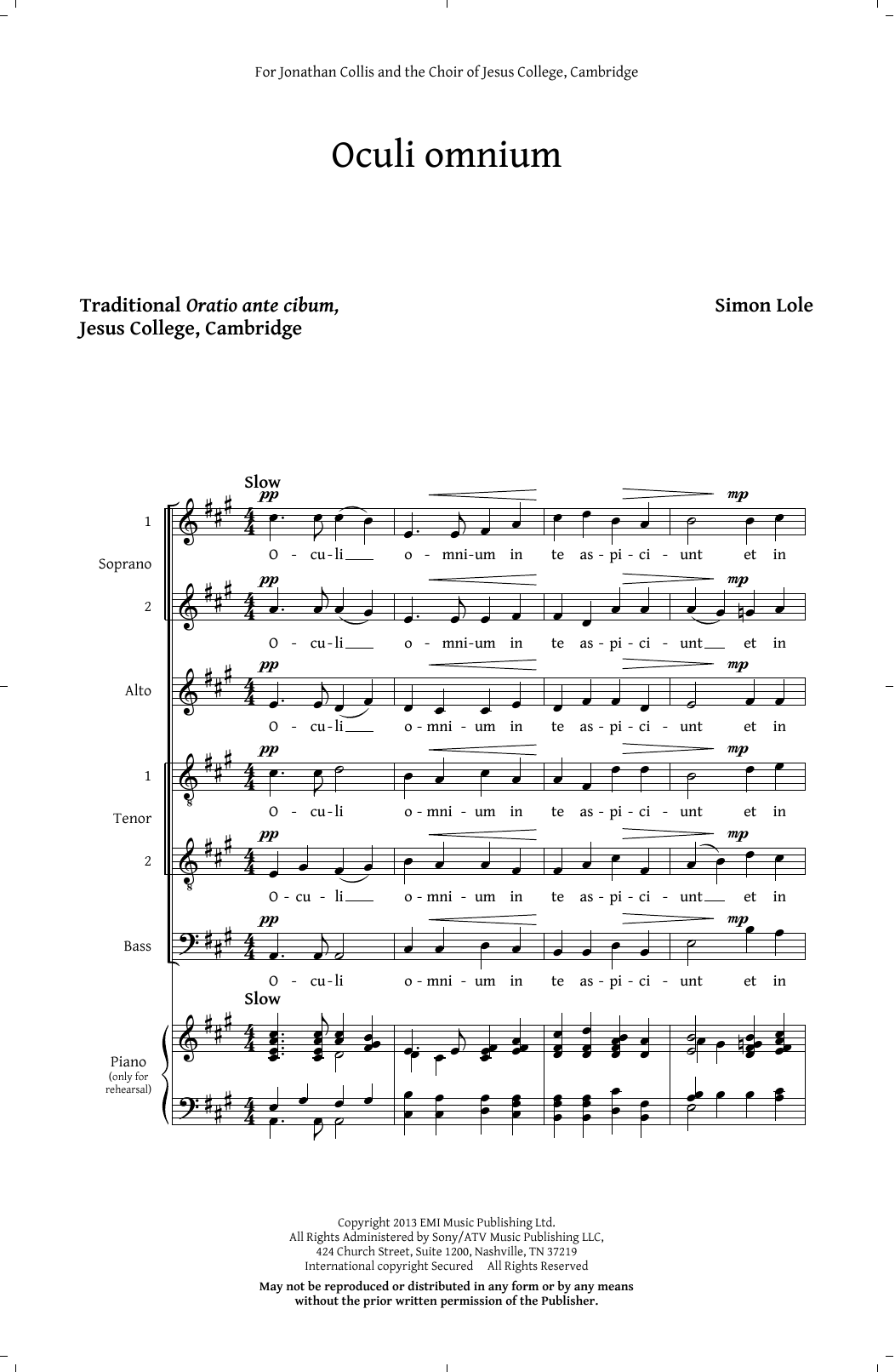 Simon Lole Oculi Omnium sheet music notes and chords arranged for SATB Choir