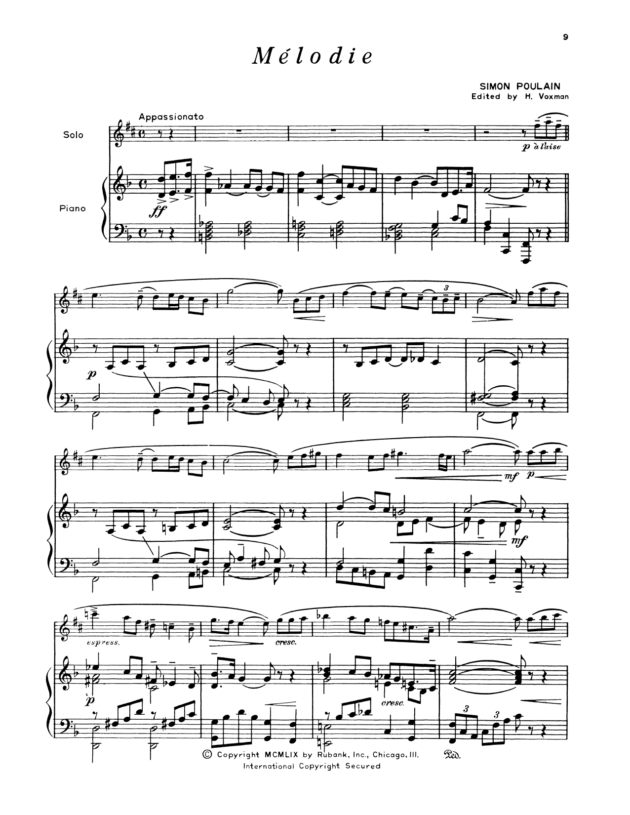Simon Poulain Melodie sheet music notes and chords arranged for Alto Sax and Piano