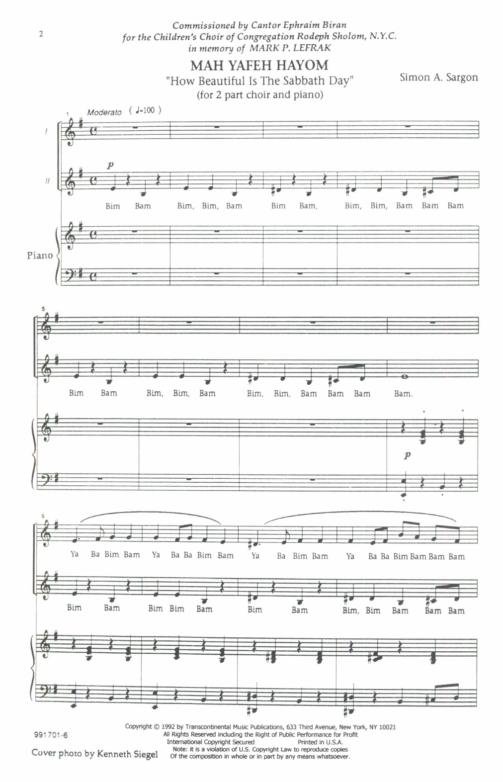 Simon Sargon Mah Yafeh Hayom (How Beautiful Is The Sabbath Day) sheet music notes and chords arranged for 2-Part Choir