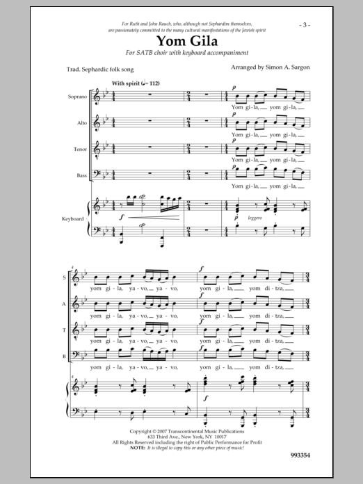 Simon Sargon Yom Gila sheet music notes and chords arranged for SATB Choir