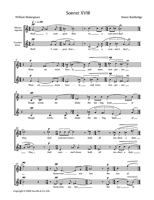 Simon Bainbridge Sonnet XVIII (for mezzo-soprano & counter-tenor) sheet music notes and chords arranged for Piano & Vocal