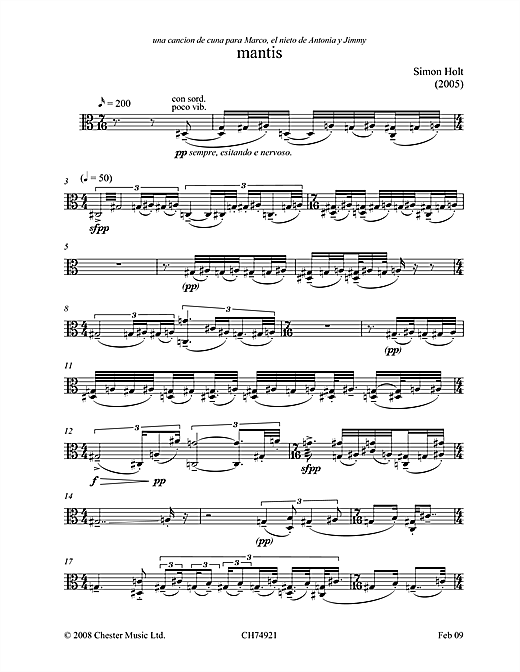 Simon Holt Mantis (for solo viola) sheet music notes and chords arranged for Viola Solo